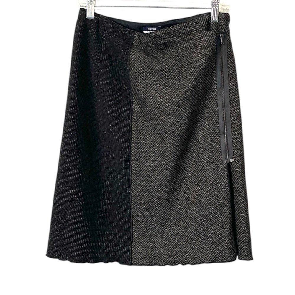 Orwell Black brown Wool Blend Midi wrap Skirt side zipper size 8 herringbone